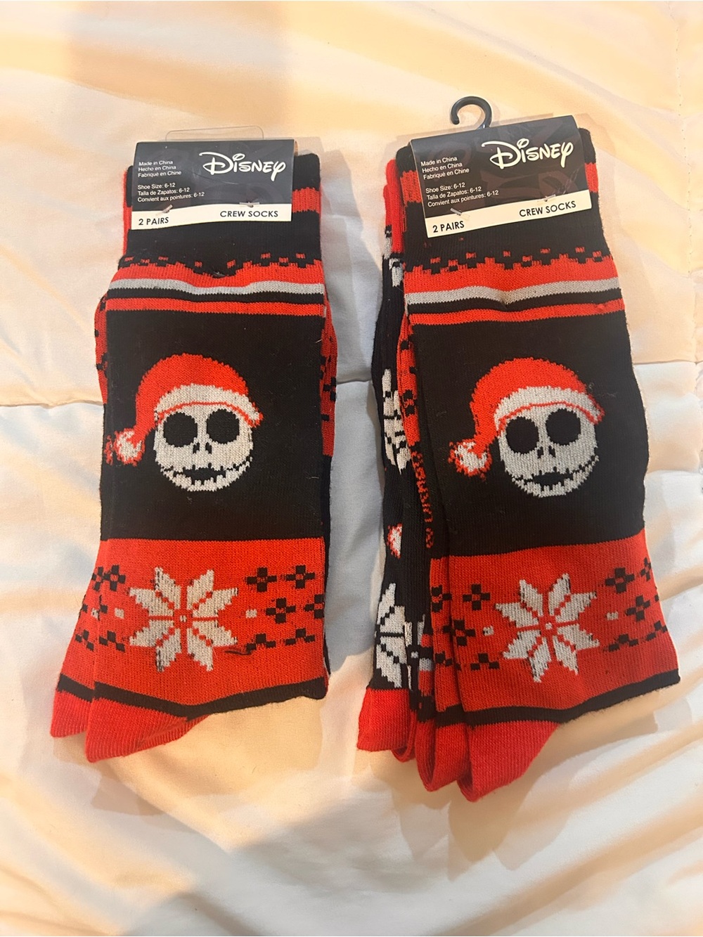 Disney Kids Crew Socks with Jack Skellington Holiday Skull - Black, Red, White